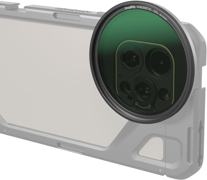 Attachable magnetic CPL filter, 67mm, on camera lens opening