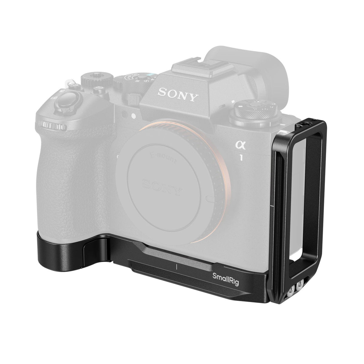 Placă de montaj L SmallRig neagră, atașată la aparat foto Sony
