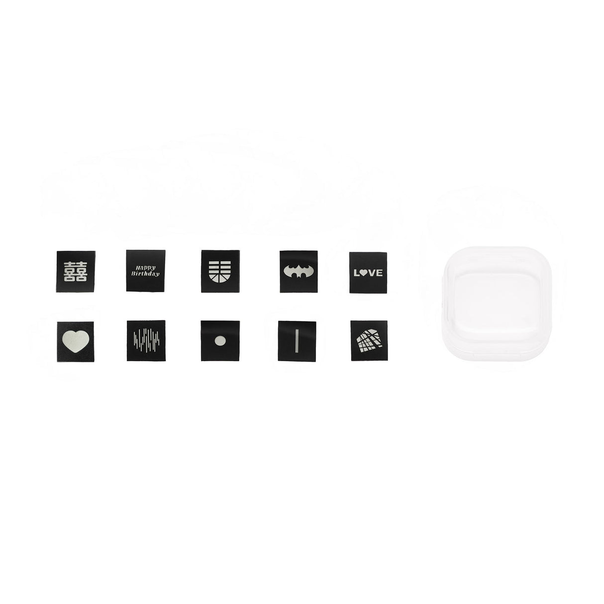 Film slide set with assorted black cutout icons plus a clear diffuser square