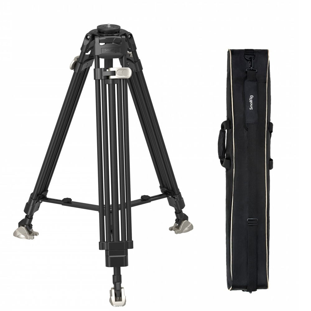 Black aluminum video tripod with three legs and compact carry bag