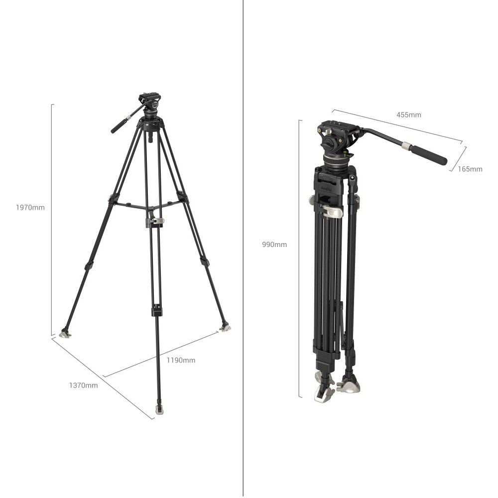 Tripod dimensions view: fluid head, legs, and extension segments in black