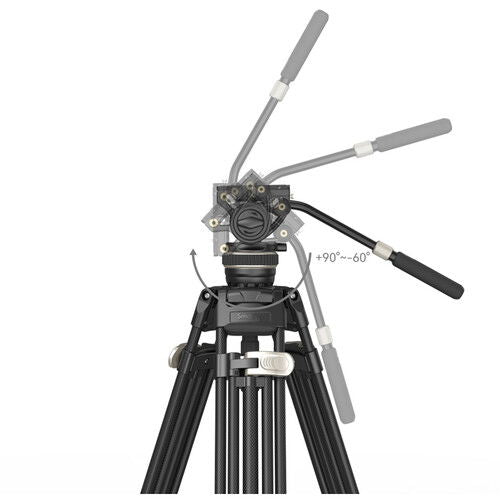 Top view of fluid head and mounting plate with pan handle, black tripod