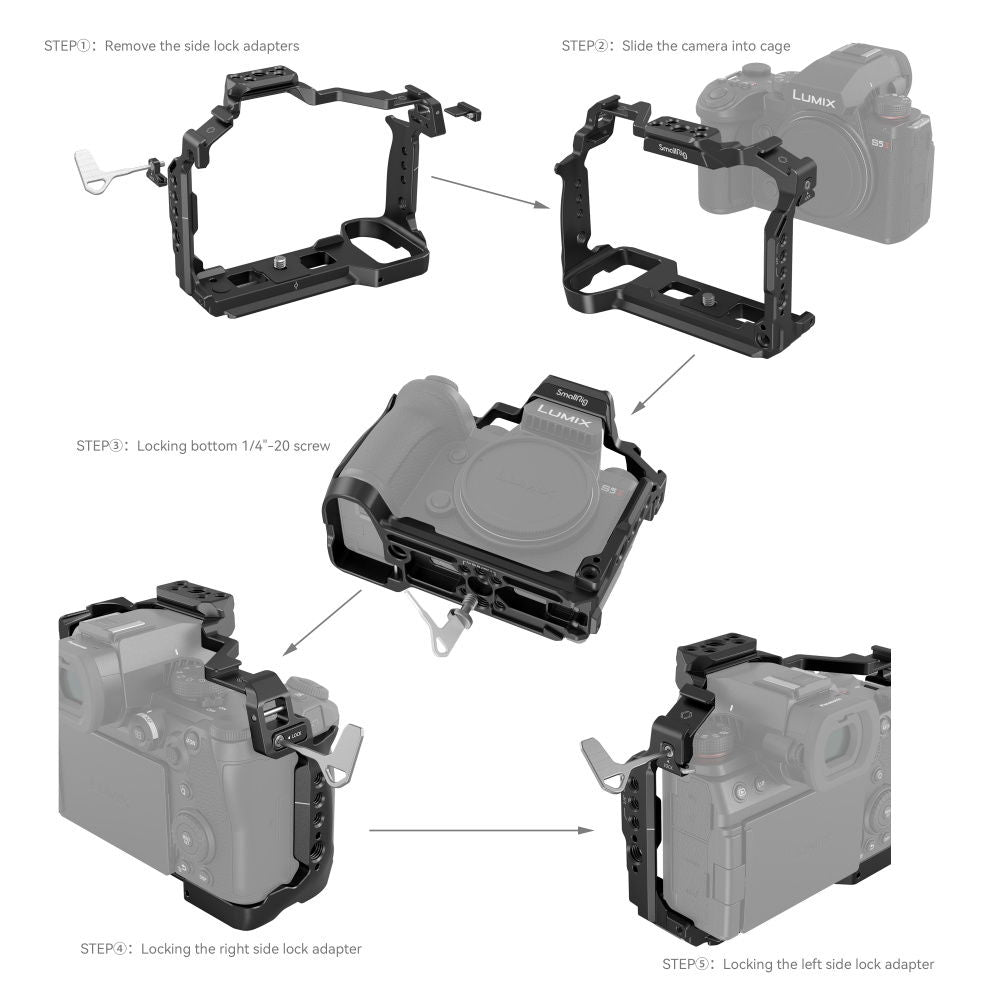 Step diagrams showing camera cage assembly frame and locking screws for Panasonic LUMIX S5