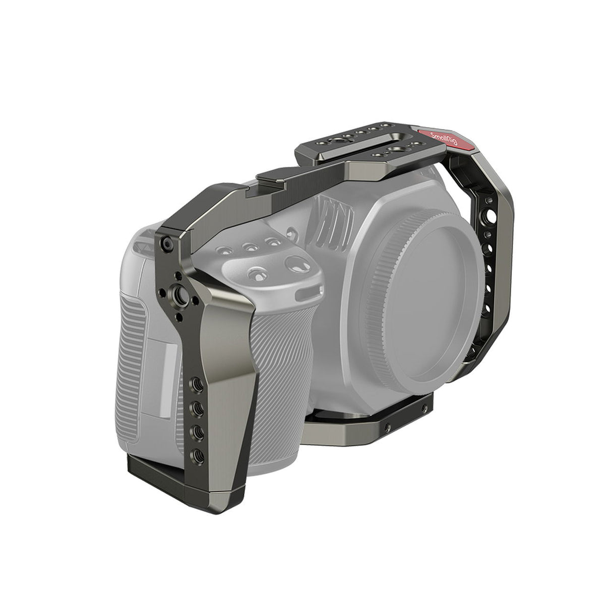 Full camera cage for Blackmagic Cinema Camera 4K/6K, front-left view with mounting rails