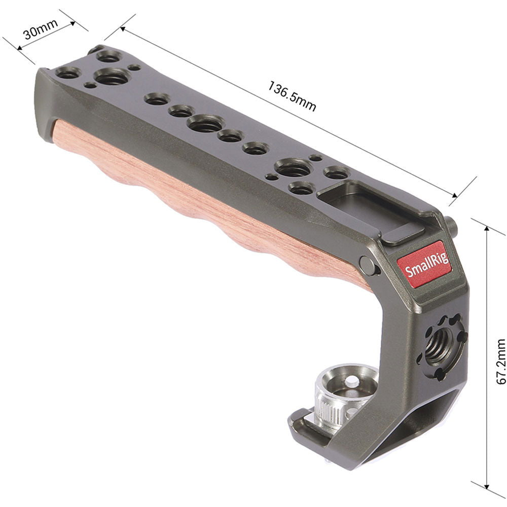 Gray metal ARRI locating handle with wood grip and pin holes