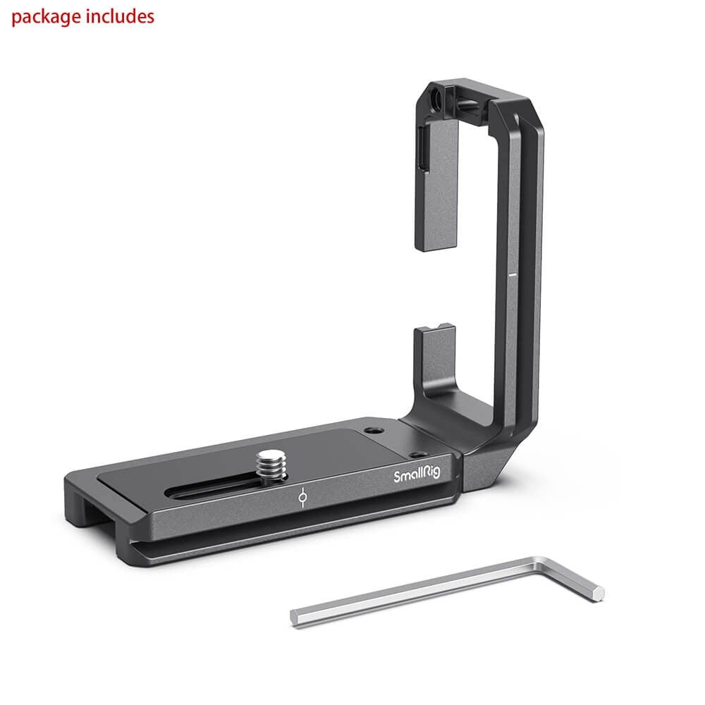 Black L-bracket with base plate and center screw, plus included hex key