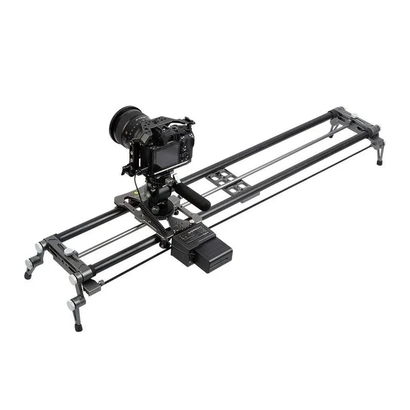 Motorized camera slider with rails and mounted camera platform, compact black frame