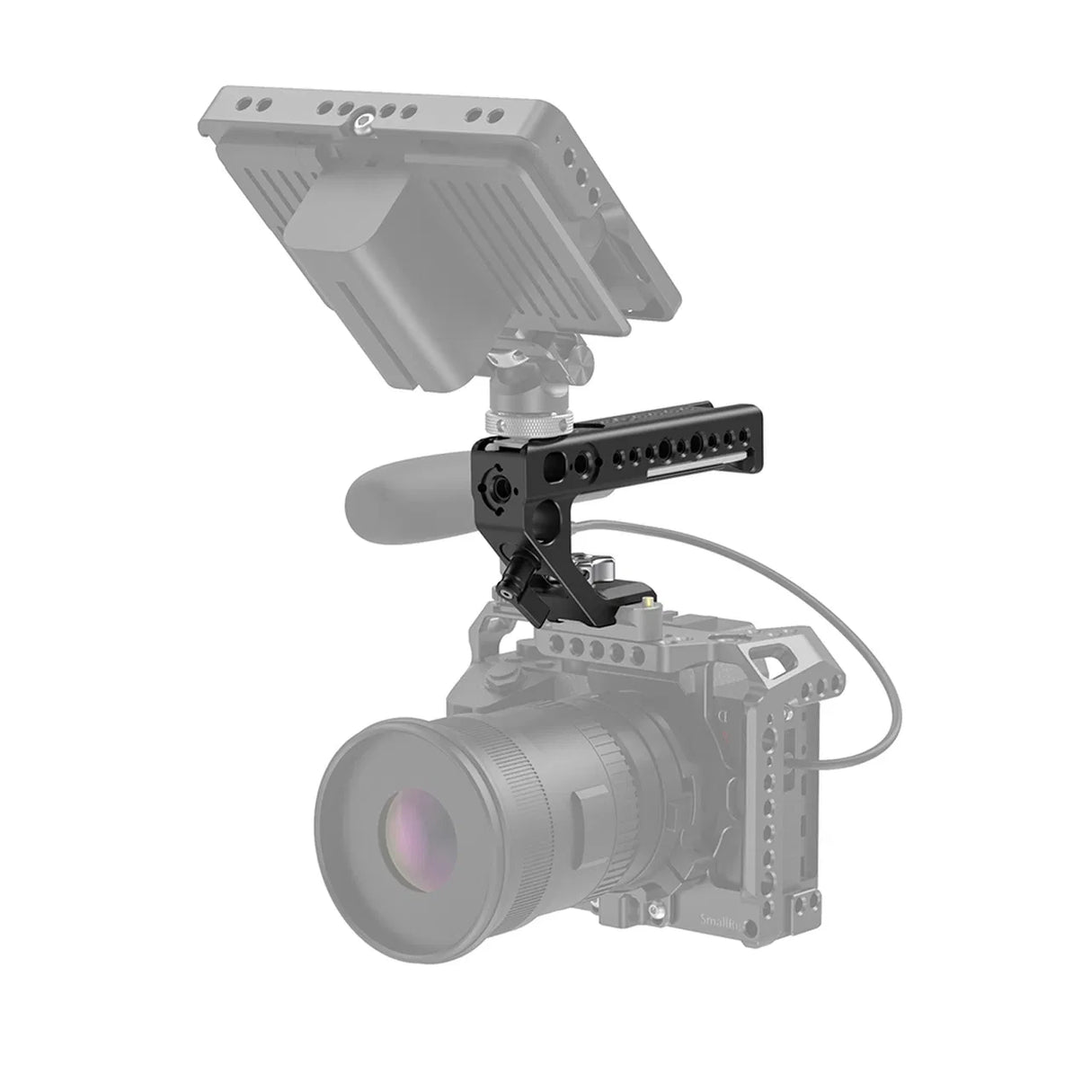 NATO top handle installed on camera with black support arm and rail