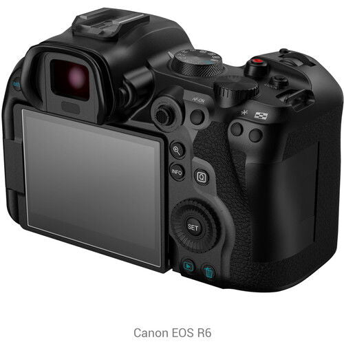 Canon EOS R6 with protective screen film covering the LCD display