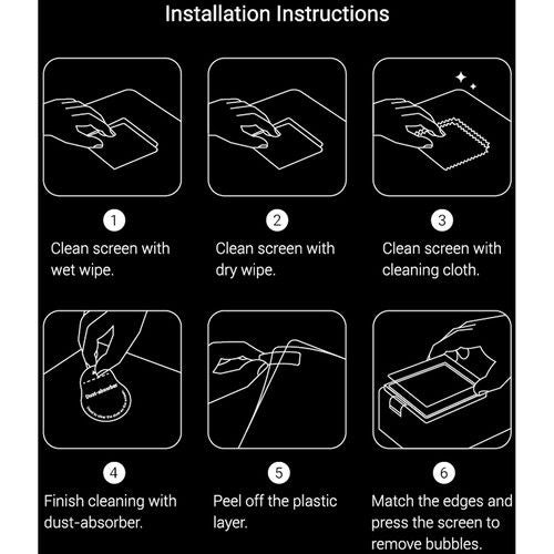 Installation guide steps for applying the screen protector to the camera display