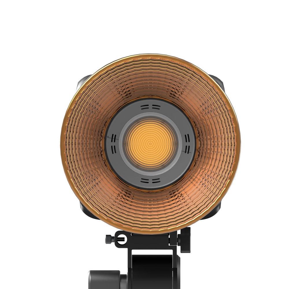 Bicolor COB video LED light, circular reflector and glowing central emitter