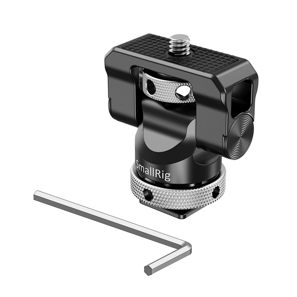 Black monitor bracket with cold shoe mount and included L-style support bar
