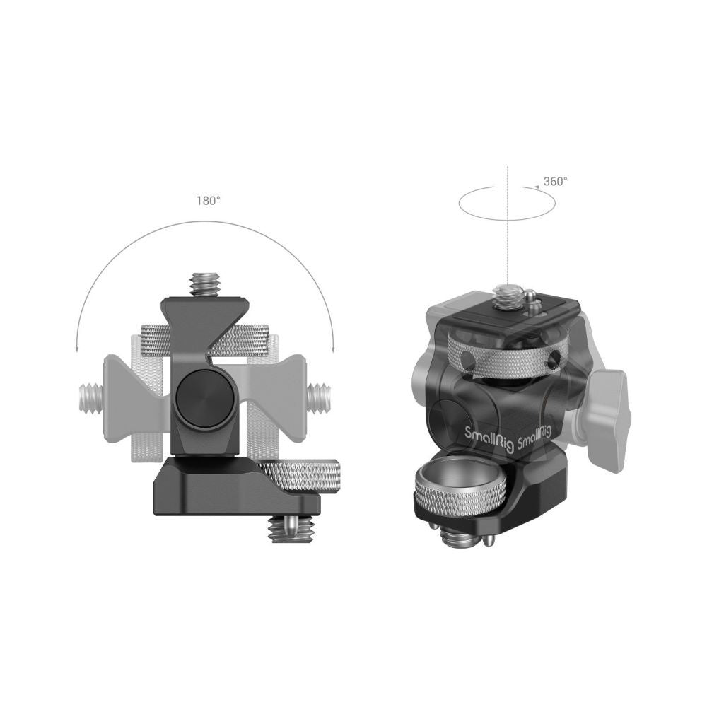 Pivoting mount support with dual side handles and textured knobs, black metal