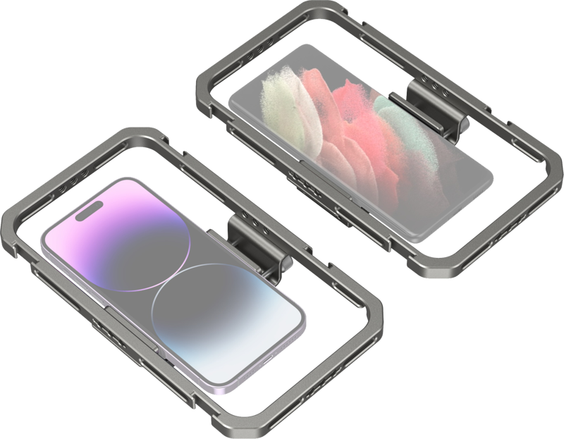 Universal phone cage with two side mounts for smartphones, portrait/landscape