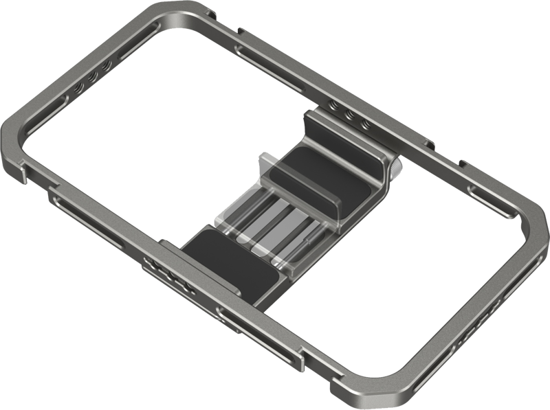 Universal phone cage with top handle plate and adjustable side rail cutouts