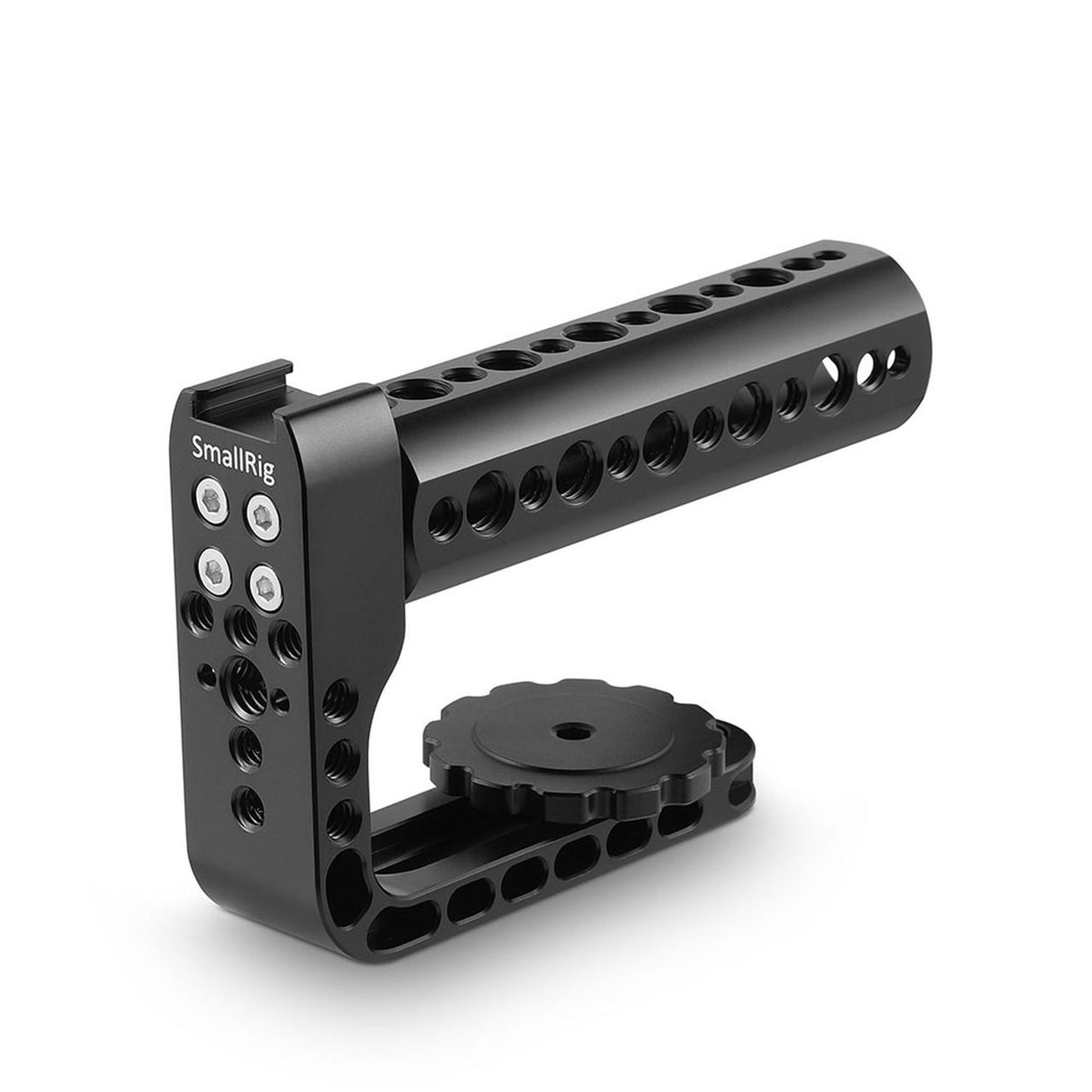 Camera long lens handle, matte black cage with multiple mounting holes and side rails.