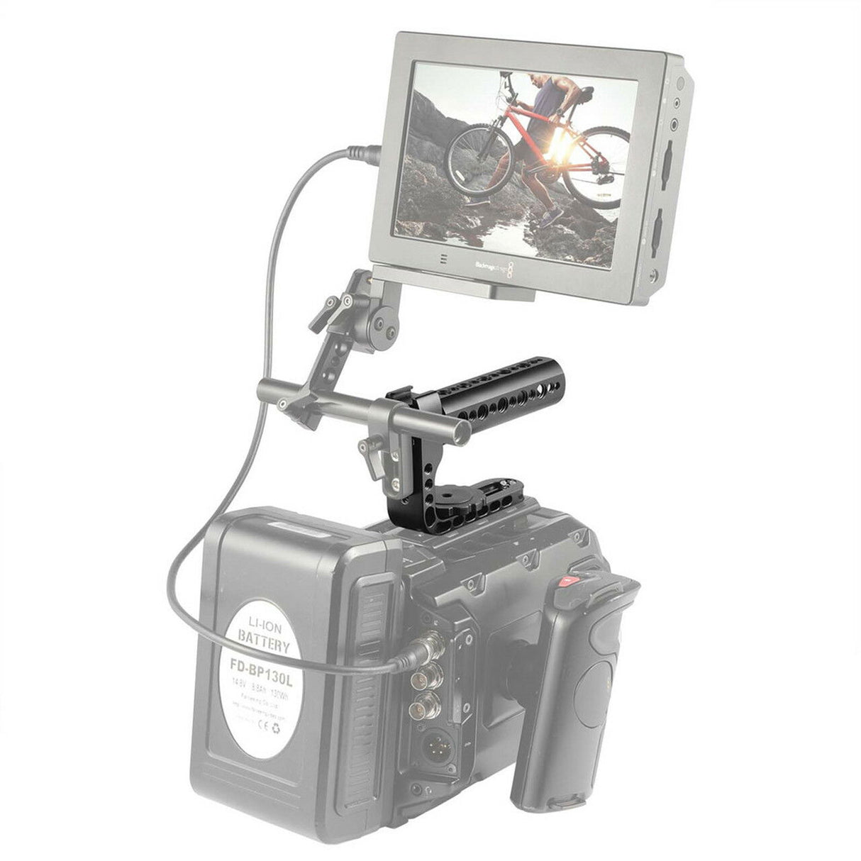 Long lens handle with rosette mount, attached to camera rig with monitor on top.