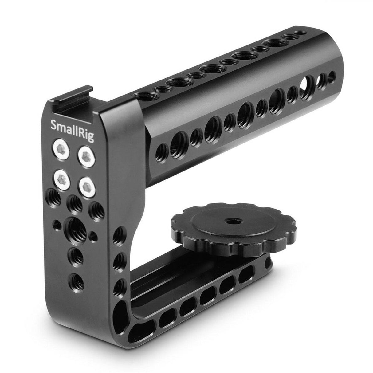 Matte black long lens handle with circular rosette and accessory rails on both sides.