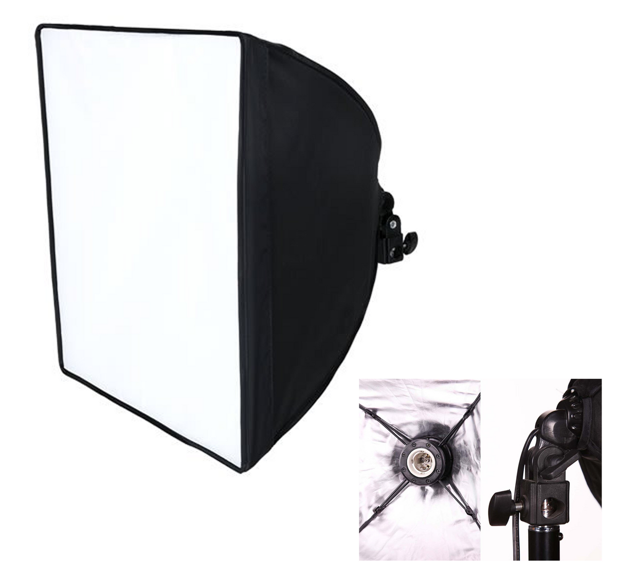 Softbox 50x70 cm cu fasung E27 incorporat, cadru negru și difuzor alb