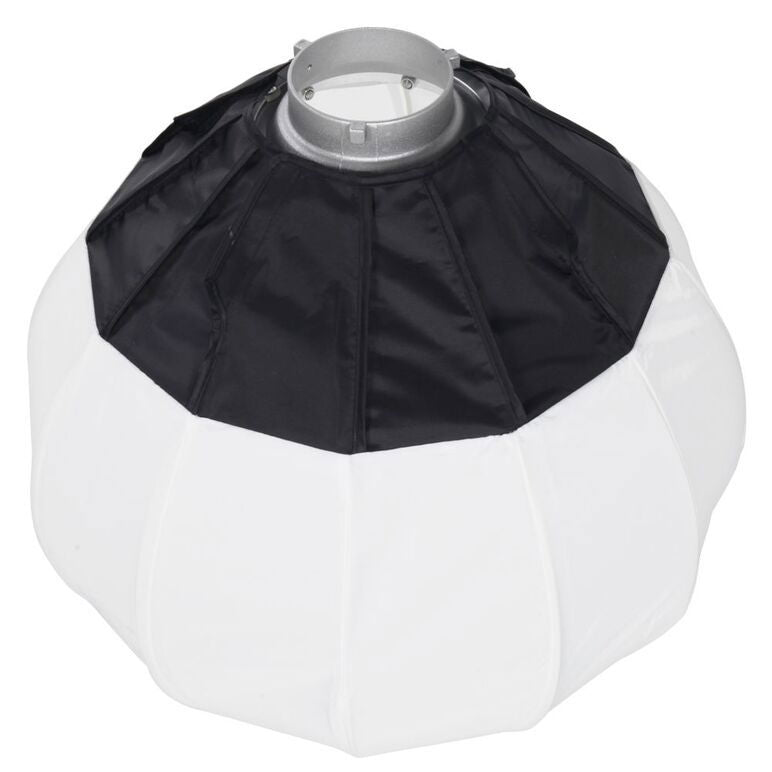 Softbox lantern negru-alb cu montură Bowens, capac frontal octogonal.