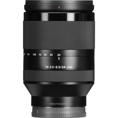Front view of black 24-240mm F3.5-6.3 E-mount zoom lens with textured grip ring