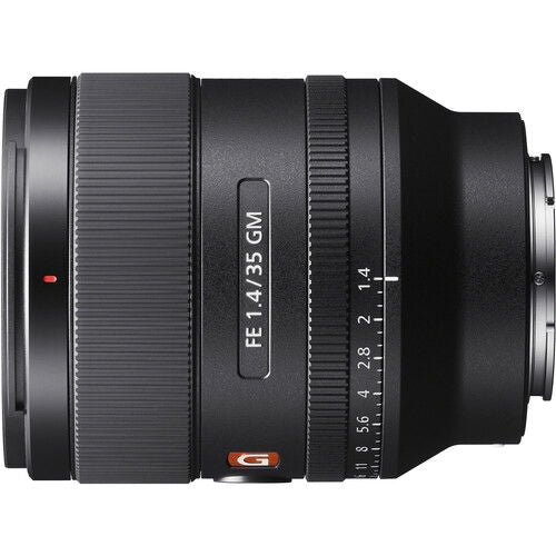 35mm f/1.4 GM FE lens side label with GM marking and focus ring