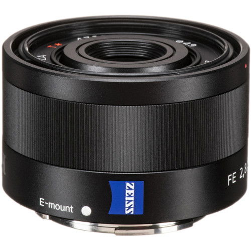 35mm F2.8 Sonnar E-mount lens, black barrel with textured focus ring