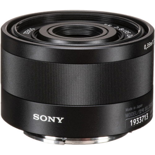 35mm lens rear view with textured black body and engraved branding