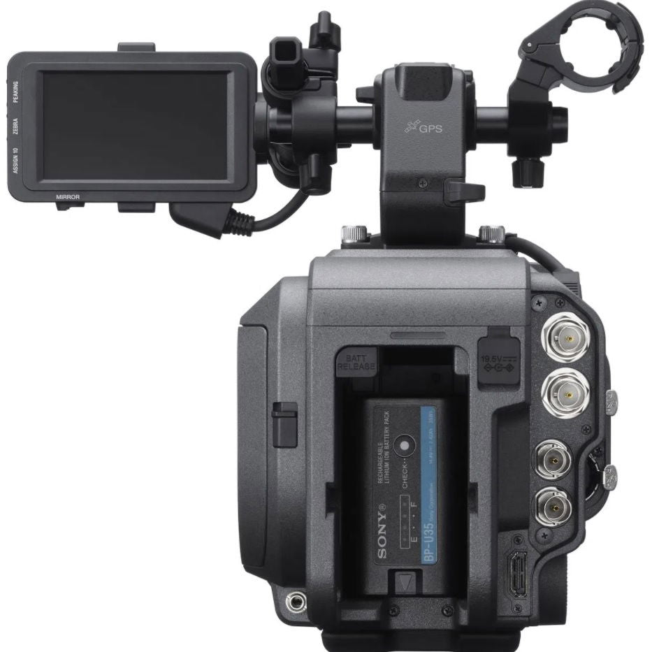 Cinema camera body with flip-out LCD and rear I/O ports, back view