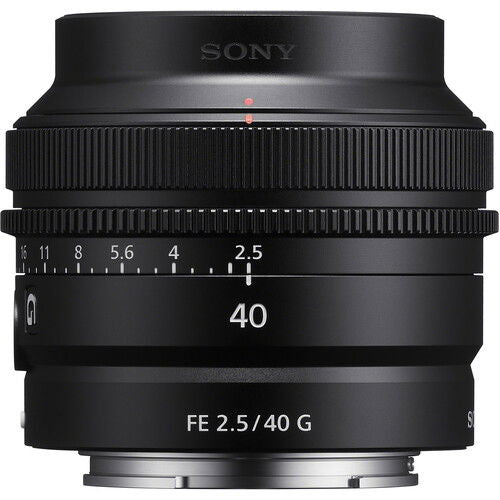 Black 40mm FE 2.5 G lens front with ridged hood and printed 40 and FE 2.5/40 G