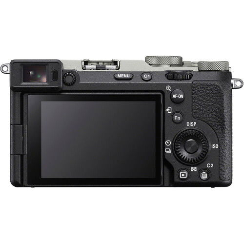 Mirrorless camera rear view, black body with LCD screen and control dials