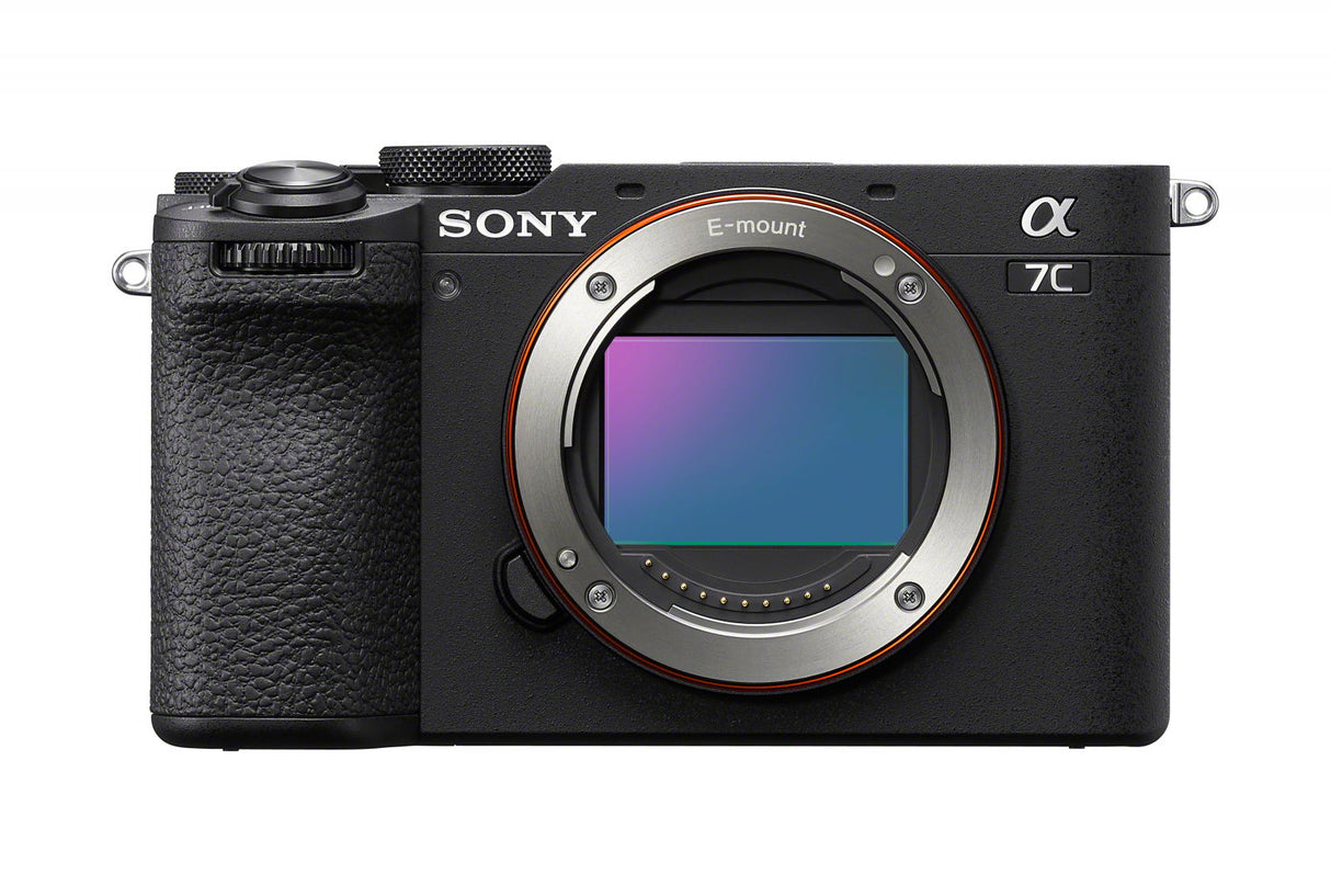 Aparat foto mirrorless Sony cu lentilă și fereastră senzor, corp negru