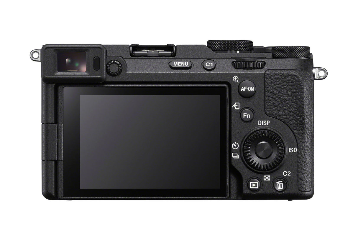 Aparat foto mirrorless A7C R, ecran LCD negru, butoane și cadran, vedere din spate