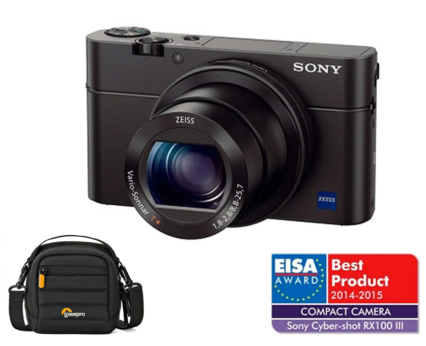 Black compact digital camera with large lens; includes black shoulder bag.