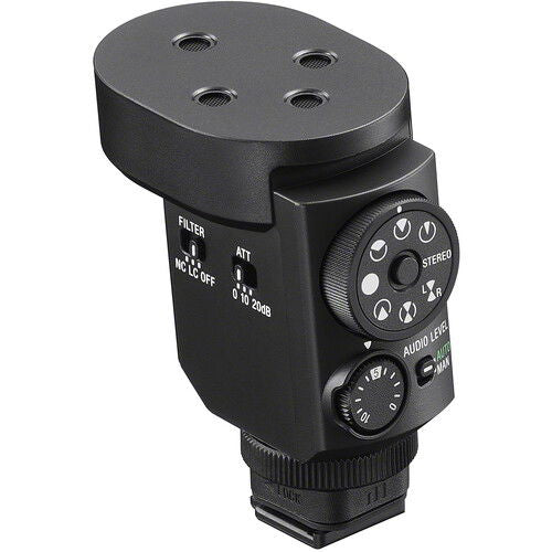 Shotgun microphone body with filter switch and mode dials for stereo and levels
