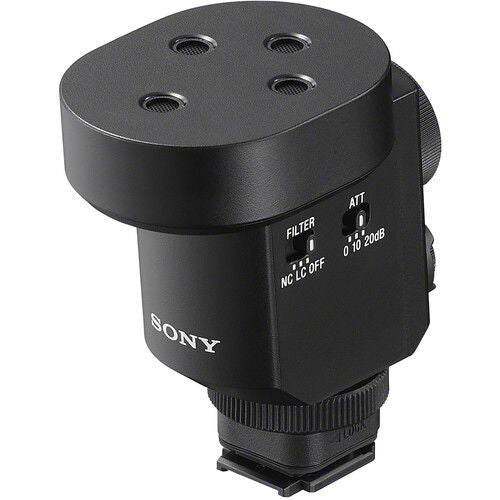 Digital shotgun microphone with gray windscreen and black side control section