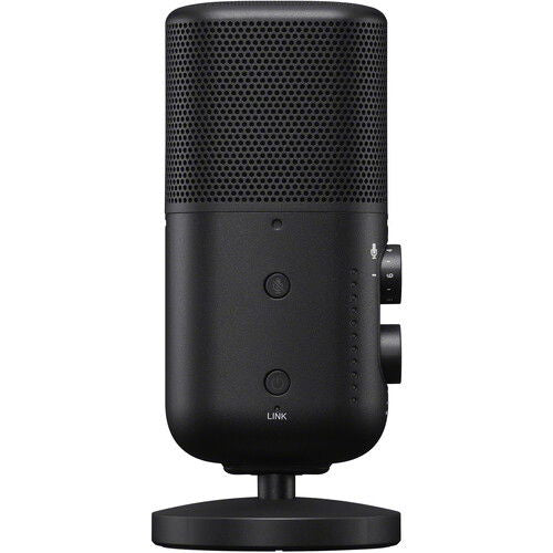Black wireless streaming microphone side view with buttons and control knob