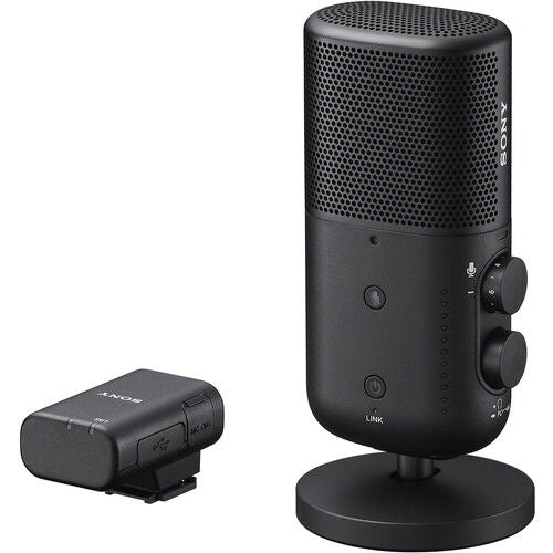 Wireless streaming microphone on desk stand with small wireless module
