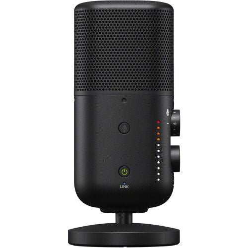 Front view black wireless streaming microphone with indicator lights and dial