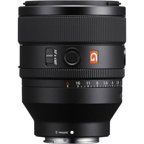 Sony FE 50mm F1.2 GM lens side view, E-mount, orange G logo and aperture ring