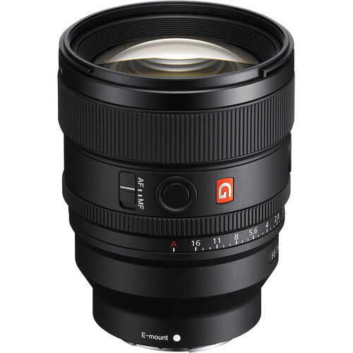 Obiectiv foto Sony FE 85mm GM II, front cu element optic și inel texturat