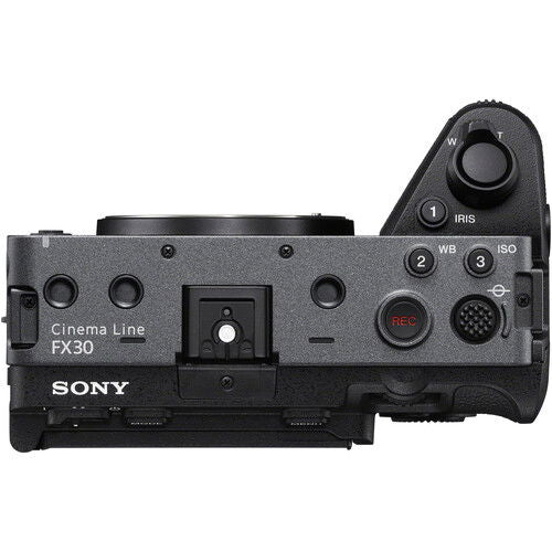 Cameră Sony FX30 vedere de sus, cu butoane IRIS, WB și ISO