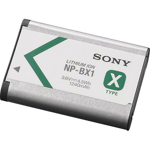 NP-BX1 lithium-ion rechargeable camera battery, silver label with green X type mark