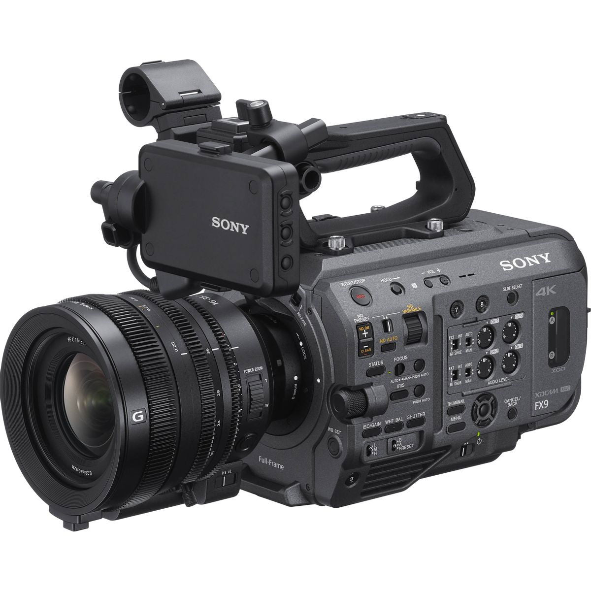 Cinema camera with 28-135mm lens, top-left view with control buttons