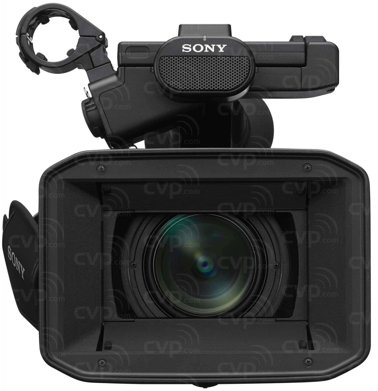 Black 4K video camera front view with mic grille and open LCD screen