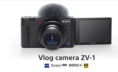 Cameră de vlog SONY cu microfon tip paravânt și ecran LCD