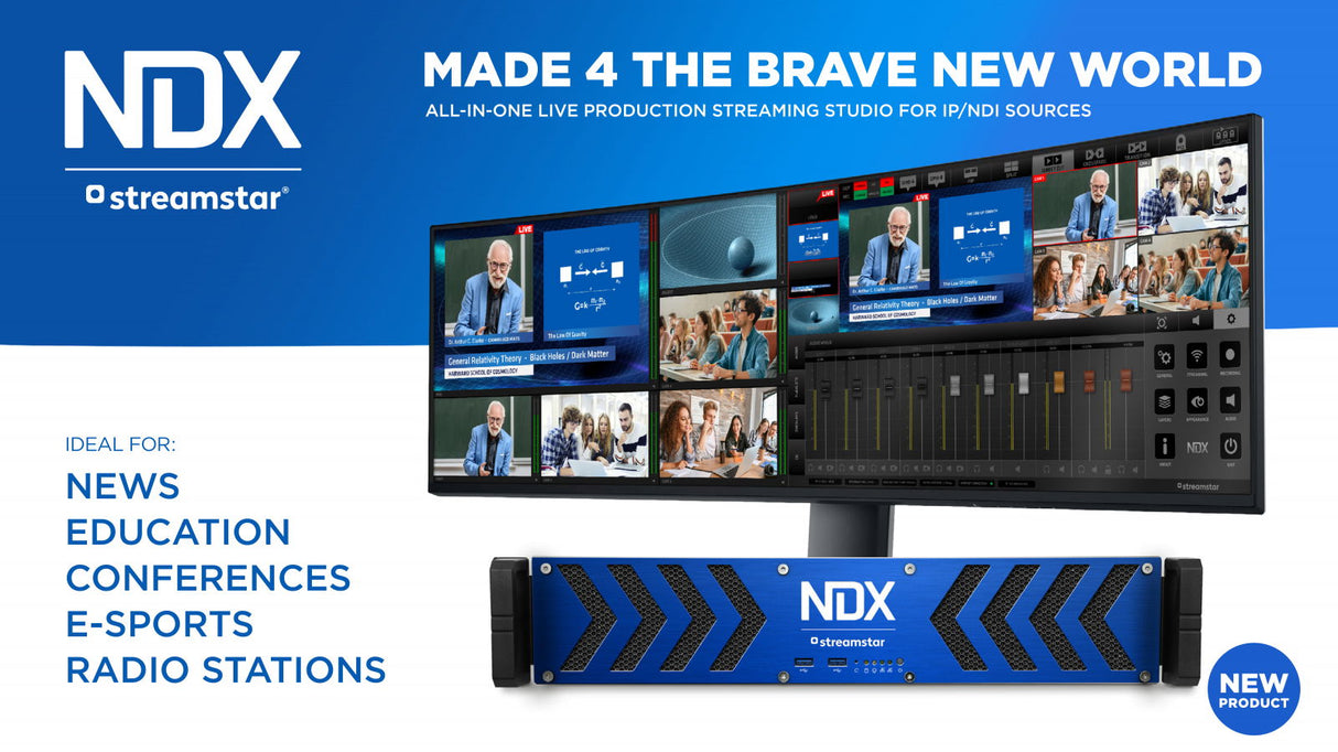 NDX live production streaming studio unit, blue chevron front panel