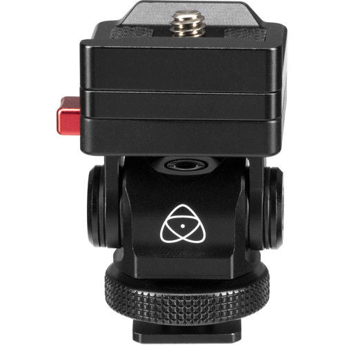 Black monitor support mount with red release lever and center mounting screw