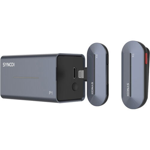 Wireless lavalier mic receiver with clip-on transmitters, side and front details