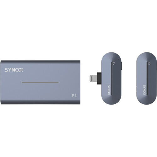 Dark gray wireless lavalier mic receiver with two transmitter units, front view